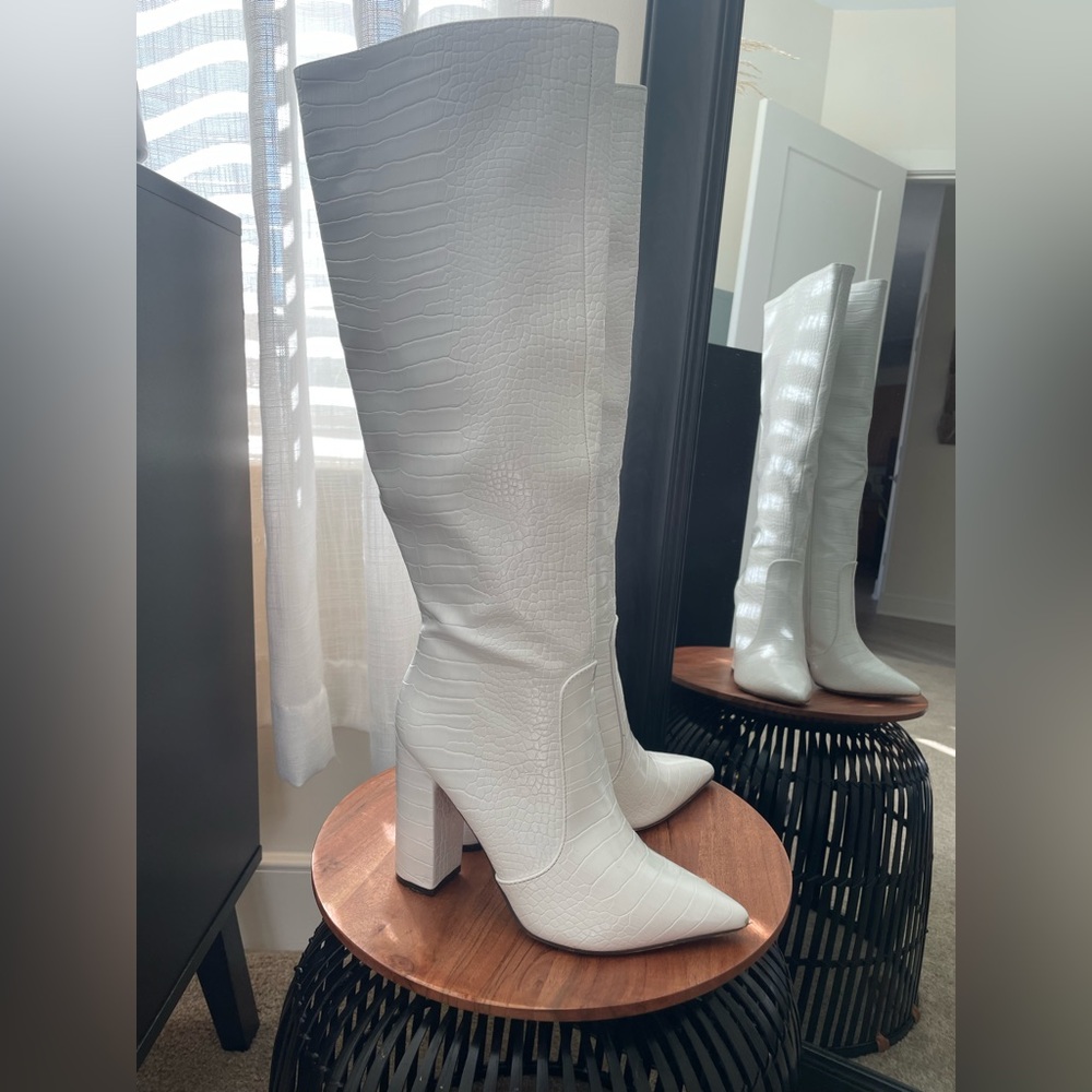 SHEIN x Givana White Croc Knee High Boots